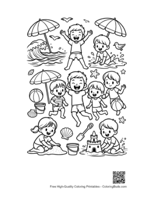 Thumbnail: Little Boy and Girl Jumping in the Ocean Waves Coloring Page Printable