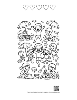 Thumbnail: Little Boy and Girl Jumping in the Ocean Waves Coloring Page Printable and 5 Heart Outline