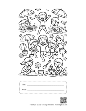 Thumbnail: Little Boy and Girl Jumping in the Ocean Waves Coloring Page Printable with Title and Artist Box