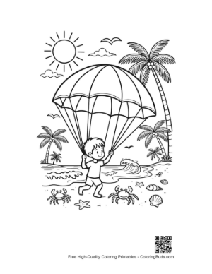 Thumbnail: Little Boy Flying a Parachute Over the Tropical Sea Coloring Sheet Printable