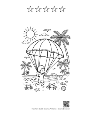 Thumbnail: Little Boy Flying a Parachute Over the Tropical Sea Coloring Sheet Printable and 5 Star Outline