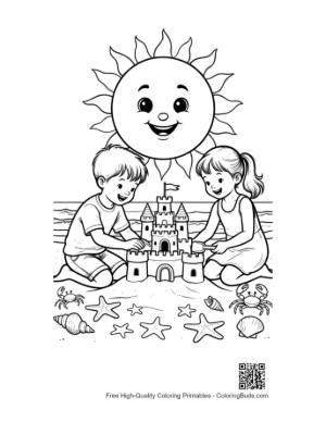 Thumbnail: Smiling Sun Shining Over Kids Building Sandcastles Coloring Page Printable
