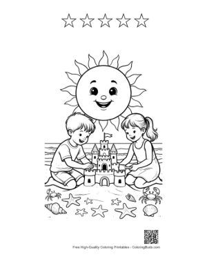 Thumbnail: Smiling Sun Shining Over Kids Building Sandcastles Coloring Page Printable and 5 Star Outline
