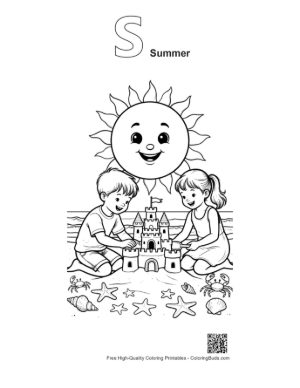 Thumbnail: Smiling Sun Shining Over Kids Building Sandcastles Coloring Page Printable Outline Alphabet S Summer