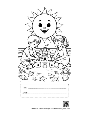Thumbnail: Smiling Sun Shining Over Kids Building Sandcastles Coloring Page Printable with Title and Artist Box