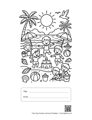 Thumbnail: Toddlers Playing with Buckets and Shovels at the Seashore Coloring Sheet Printable with Title and Artist Box