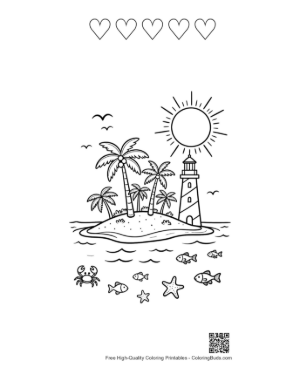 Thumbnail: Tropical Island with Palm Trees and a Small Lighthouse Coloring Sheet Printable and 5 Heart Outline
