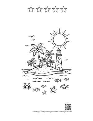 Thumbnail: Tropical Island with Palm Trees and a Small Lighthouse Coloring Sheet Printable and 5 Star Outline
