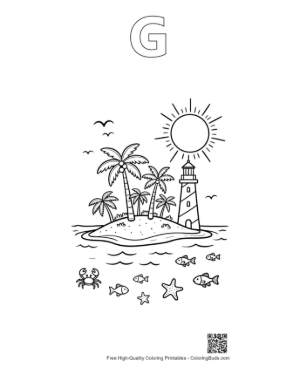 Thumbnail: Tropical Island with Palm Trees and a Small Lighthouse Coloring Sheet Printable Outline Alphabet G
