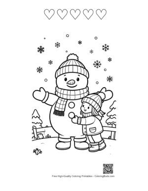 Thumbnail: Boy and Girl Playing with a Tall Snowman in the Backyard Coloring Sheet Printable and 5 Heart Outline