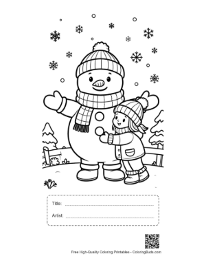 Thumbnail: Boy and Girl Playing with a Tall Snowman in the Backyard Coloring Sheet Printable with Title and Artist Box