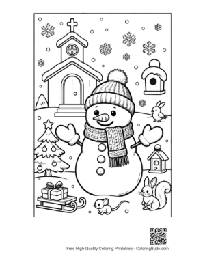 Thumbnail: Charming Snowman by a Small Church with Forest Friends Coloring Sheet Printable