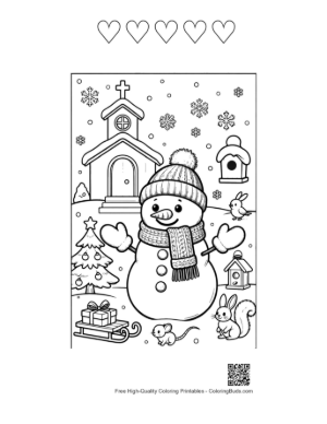 Thumbnail: Charming Snowman by a Small Church with Forest Friends Coloring Sheet Printable and 5 Heart Outline
