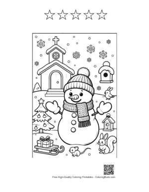 Thumbnail: Charming Snowman by a Small Church with Forest Friends Coloring Sheet Printable and 5 Star Outline