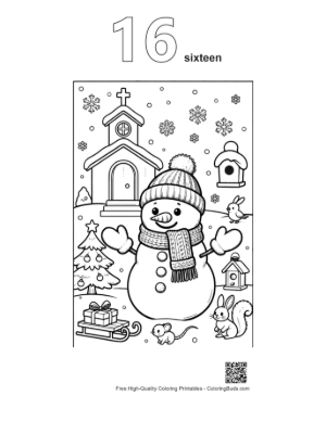 Thumbnail: Charming Snowman by a Small Church with Forest Friends Coloring Sheet Printable Outline Number 16