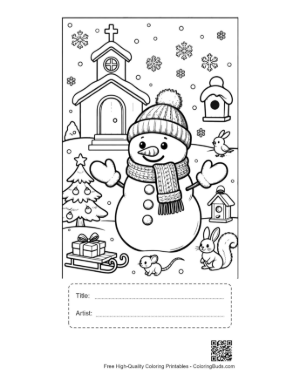 Thumbnail: Charming Snowman by a Small Church with Forest Friends Coloring Sheet Printable with Title and Artist Box