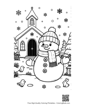 Thumbnail: Happy Snowman in Front of a Winter Church with Falling Snow Coloring Sheet Printable