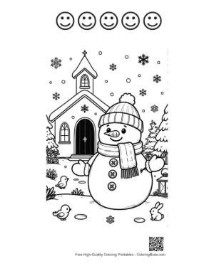Thumbnail: Happy Snowman in Front of a Winter Church with Falling Snow Coloring Sheet Printable and 5 Happy Face Outline