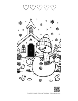 Thumbnail: Happy Snowman in Front of a Winter Church with Falling Snow Coloring Sheet Printable and 5 Heart Outline