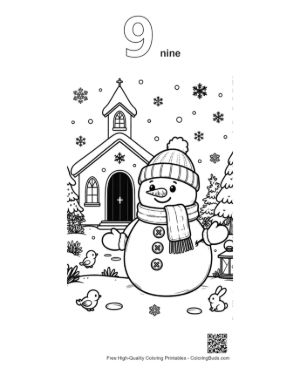 Thumbnail: Happy Snowman in Front of a Winter Church with Falling Snow Coloring Sheet Printable Outline Number 9