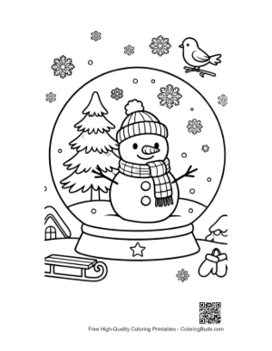 Thumbnail: Snowman Inside a Crystal Snow Globe with Pine Trees and Falling Snowflakes Coloring Page Printable
