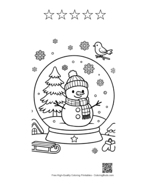 Thumbnail: Snowman Inside a Crystal Snow Globe with Pine Trees and Falling Snowflakes Coloring Page Printable and 5 Star Outline