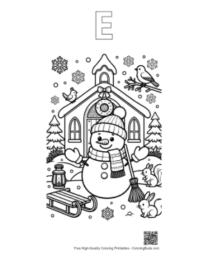 Thumbnail: Snowman Near a Rustic Church with a Sled and Winter Birds Coloring Page Printable Outline Alphabet E
