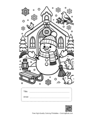 Thumbnail: Snowman Near a Rustic Church with a Sled and Winter Birds Coloring Page Printable with Title and Artist Box