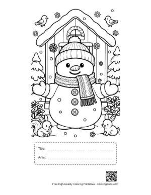 Thumbnail: Snowman Standing by a Village Chapel with Birds and Bunnies Coloring Page Printable with Title and Artist Box