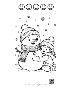 Thumbnail: Toddler Girl Hugging Her Snowman Friend on a Snowy Day Coloring Page Printable and 5 Happy Face Outline