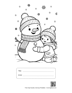 Thumbnail: Toddler Girl Hugging Her Snowman Friend on a Snowy Day Coloring Page Printable with Title and Artist Box