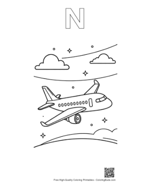 Thumbnail: Commercial Airplane Soaring Through a Cloudy Sky Printable Outline Alphabet N