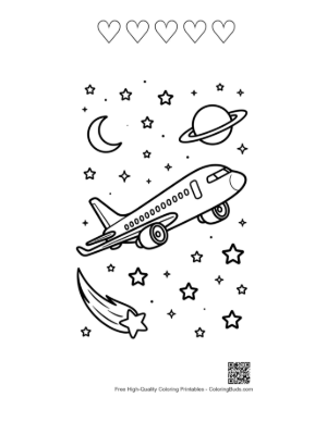 Thumbnail: Commercial Jet Flying Past Moons and Falling Stars Printable and 5 Heart Outline