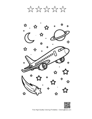 Thumbnail: Commercial Jet Flying Past Moons and Falling Stars Printable and 5 Star Outline