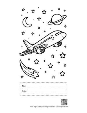 Thumbnail: Commercial Jet Flying Past Moons and Falling Stars Printable with Title and Artist Box