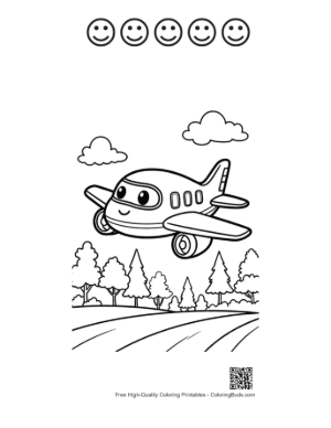 Thumbnail: Cute Cartoon Airplane Flying Over Rolling Hills Printable and 5 Happy Face Outline