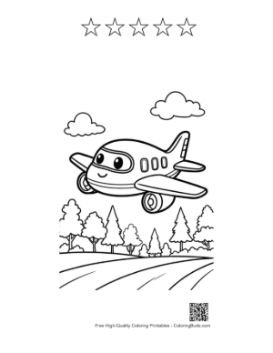 Thumbnail: Cute Cartoon Airplane Flying Over Rolling Hills Printable and 5 Star Outline
