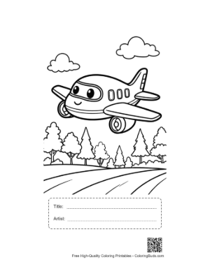 Thumbnail: Cute Cartoon Airplane Flying Over Rolling Hills Printable with Title and Artist Box