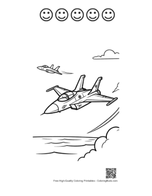 Thumbnail: Fighter Jet Flying Low Over the Ocean Surface Printable and 5 Happy Face Outline