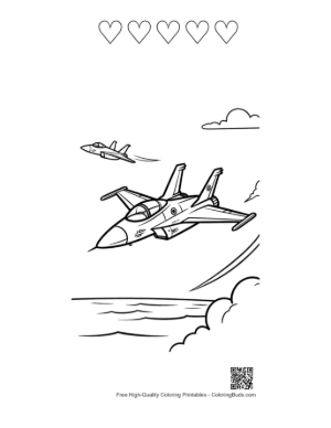 Thumbnail: Fighter Jet Flying Low Over the Ocean Surface Printable and 5 Heart Outline