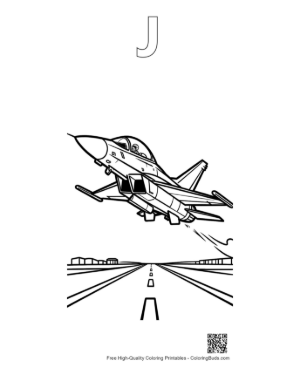 Thumbnail: Fighter Jet Taking Off from a Long Airport Runway Printable Outline Alphabet J