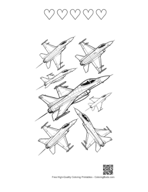 Thumbnail: Fleet of F-16 Fighter Jets in Formation Printable and 5 Heart Outline
