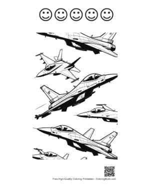 Thumbnail: Fleet of Sleek Fighter Jets in Formation Printable and 5 Happy Face Outline