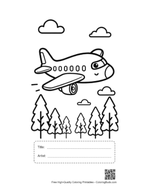 Thumbnail: Friendly Commercial Jet Flying Over a Mountain Forest Printable with Title and Artist Box