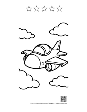 Thumbnail: Happy Little Fighter Jet Character with Big Eyes Printable and 5 Star Outline