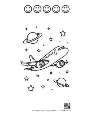 Thumbnail: Jet Plane Cruising Through a Galaxy of Planets Printable and 5 Happy Face Outline