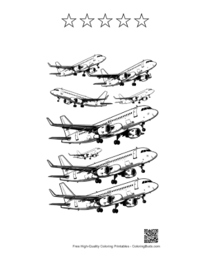 Thumbnail: Lineup of Sleek Passenger Planes Taking Off Printable and 5 Star Outline
