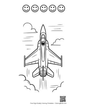 Thumbnail: Modern Supersonic Fighter Jet Soaring Vertically Line Art Printable and 5 Happy Face Outline