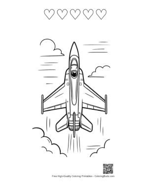 Thumbnail: Modern Supersonic Fighter Jet Soaring Vertically Line Art Printable and 5 Heart Outline