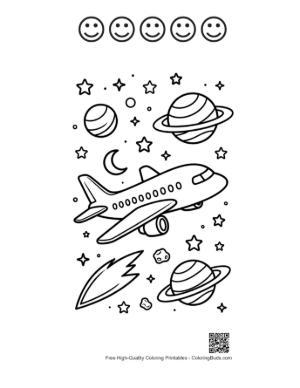 Thumbnail: Passenger Plane Flying Through Outer Space with Planets Printable and 5 Happy Face Outline